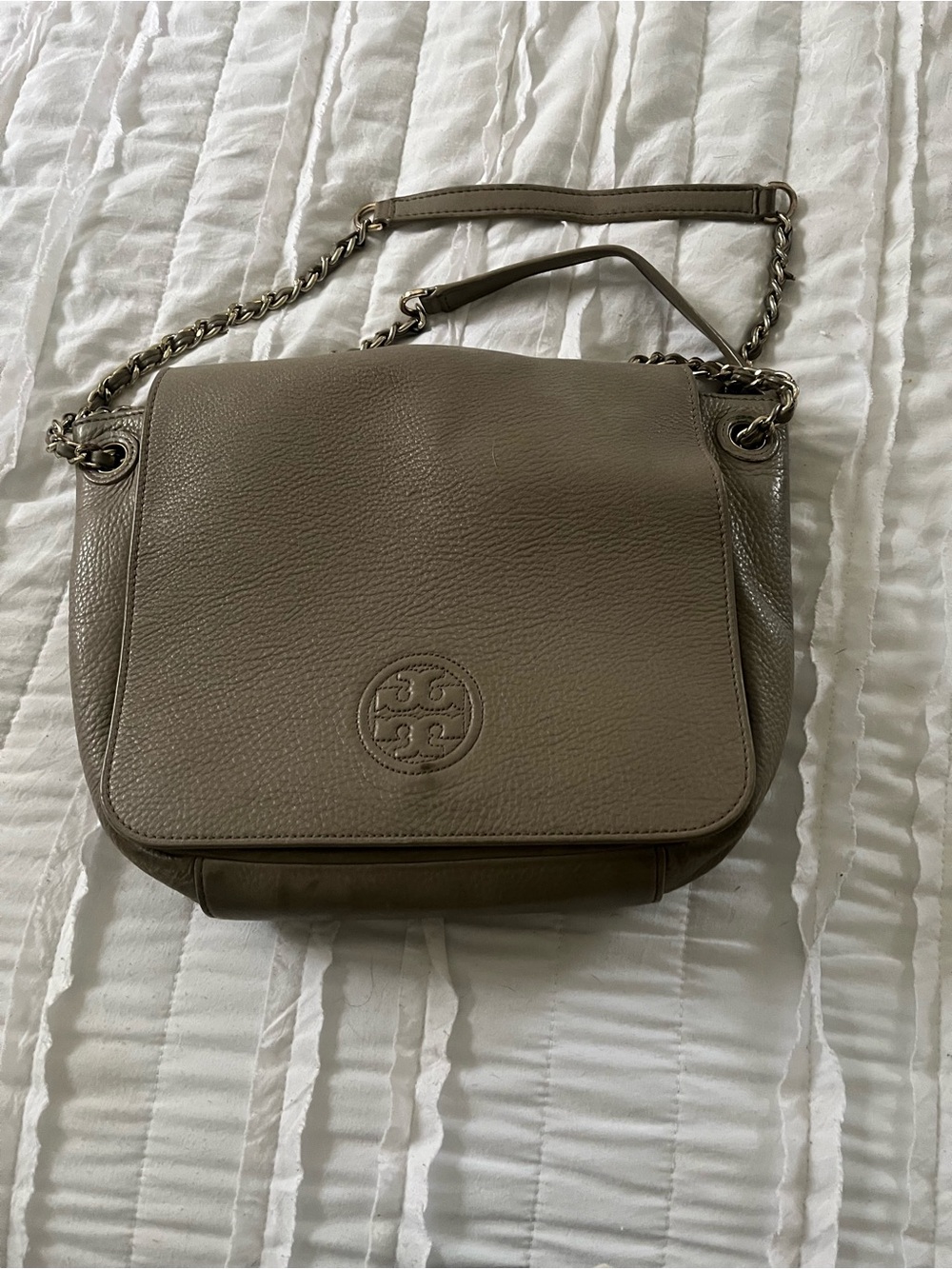 Tory Burch Taupe Pebbled Leather Shoulder Bag with Chain Strap